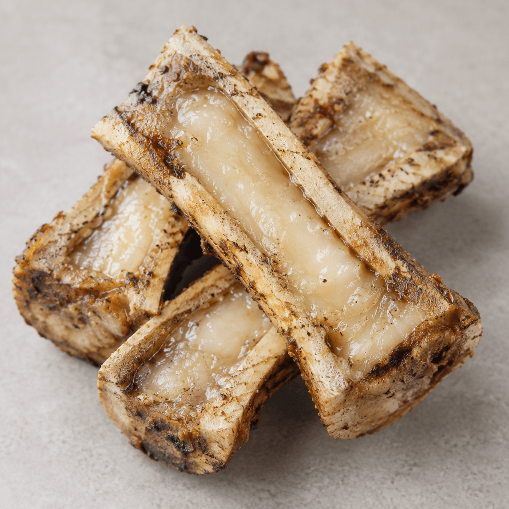 Short lamb bones split lengthwise reveal smooth, glossy pale ivory marrow nestled inside their browned, irregular bone shells.