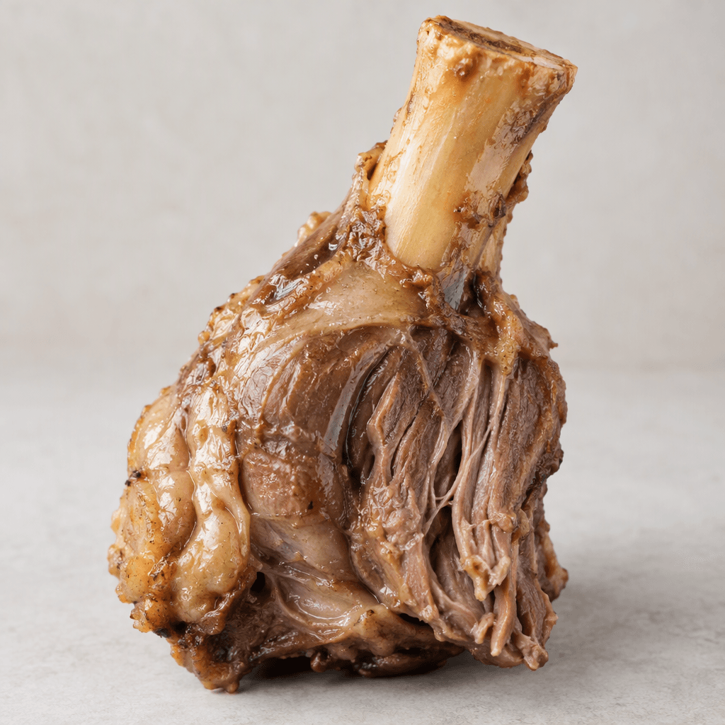 A whole bone-in lamb shank with a pale brown, slightly glossy surface, visibly tender meat clinging to the thick exposed bone, and soft, fibrous edges.