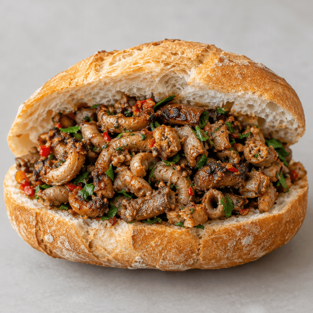 Finely chopped, browned lamb intestines with a slightly crisp, irregular texture and flecks of red pepper and green herbs are piled into a split crusty bread roll.