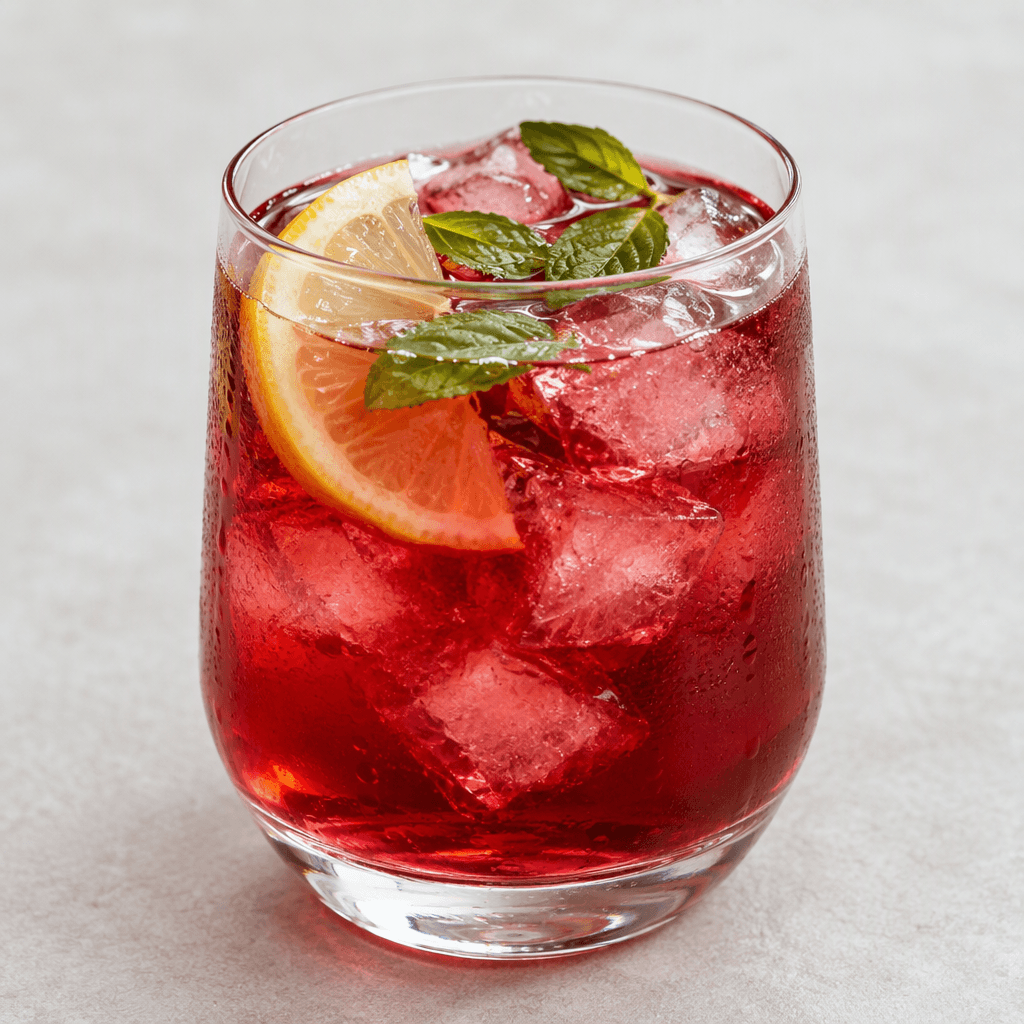 A clear glass holds a translucent ruby-red drink with ice cubes, a lemon slice, and a few green leaves floating near the surface.