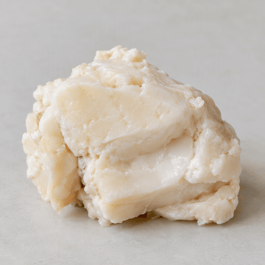 A compact, irregular lump of raw lamb tail fat sits on a plain surface, its firm waxy texture and creamy white to pale ivory colour visible along the uneven cut edges.