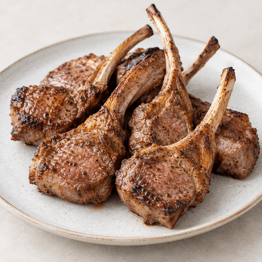 Several small bone-in lamb chops with browned, caramelized edges and a tender pinkish-brown center are arranged on a plate, their curved rib bones extending from the compact, juicy-looking pieces of meat.