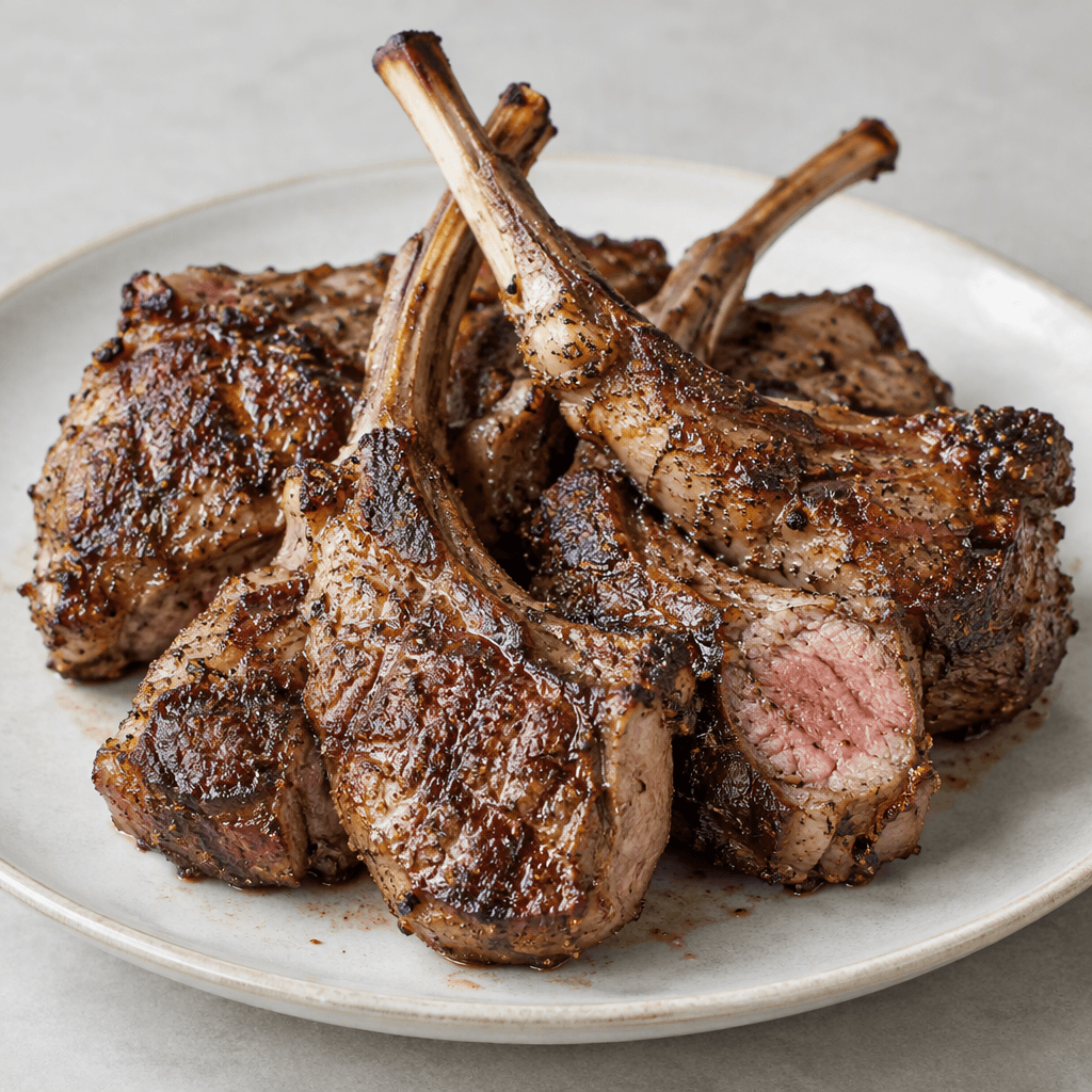 Several individual lamb rib chops with exposed curved bones, thick irregular pieces of meat, and deeply browned, lightly charred surfaces are arranged on a plate, with a juicy-looking pinkish-brown interior visible along some cut edges.