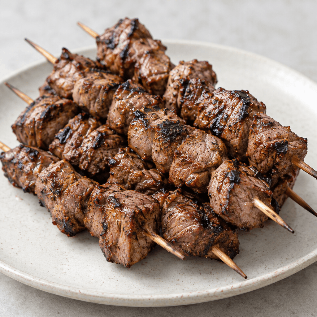 Several irregular cubes of lamb with browned, slightly charred edges and visible grill marks are threaded closely onto skewers and served together on a plate.