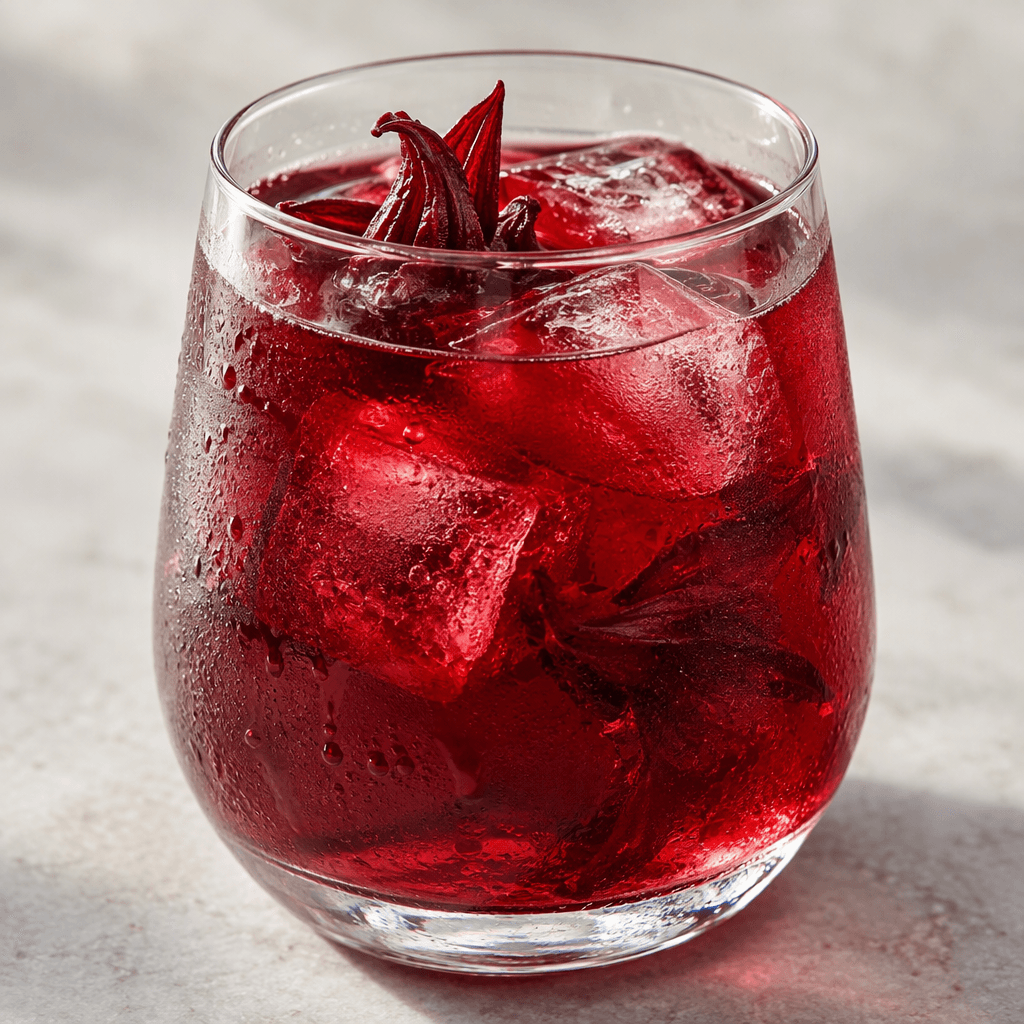 A translucent deep ruby-red sorrel sherbet is served in a clear glass, with a few ice cubes catching the light.