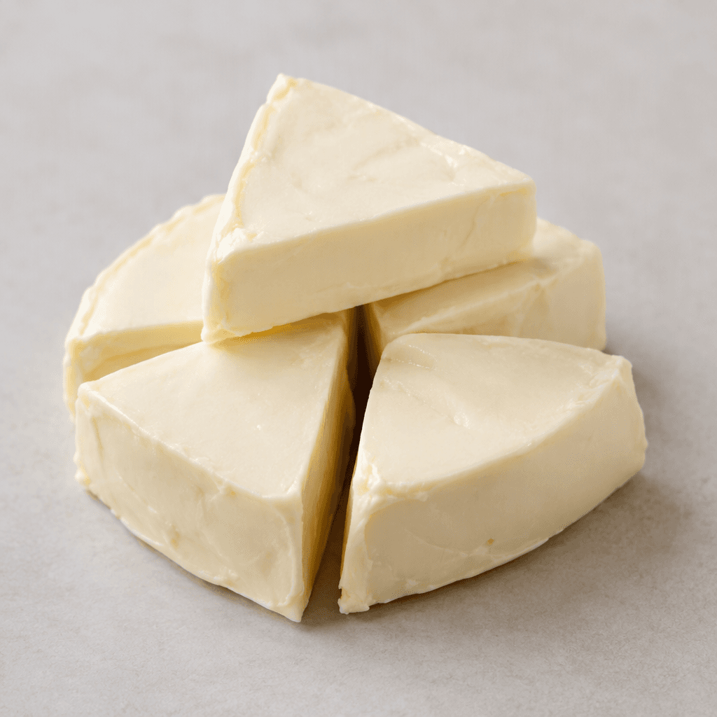 Small, smooth, pale ivory portions of processed cheese with a soft, creamy texture, arranged in neat triangular wedges.