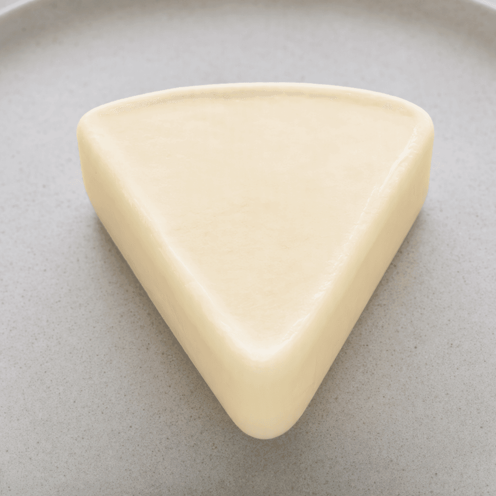 A small pale ivory triangular wedge of processed cheese with rounded corners and a smooth, slightly glossy, creamy surface.