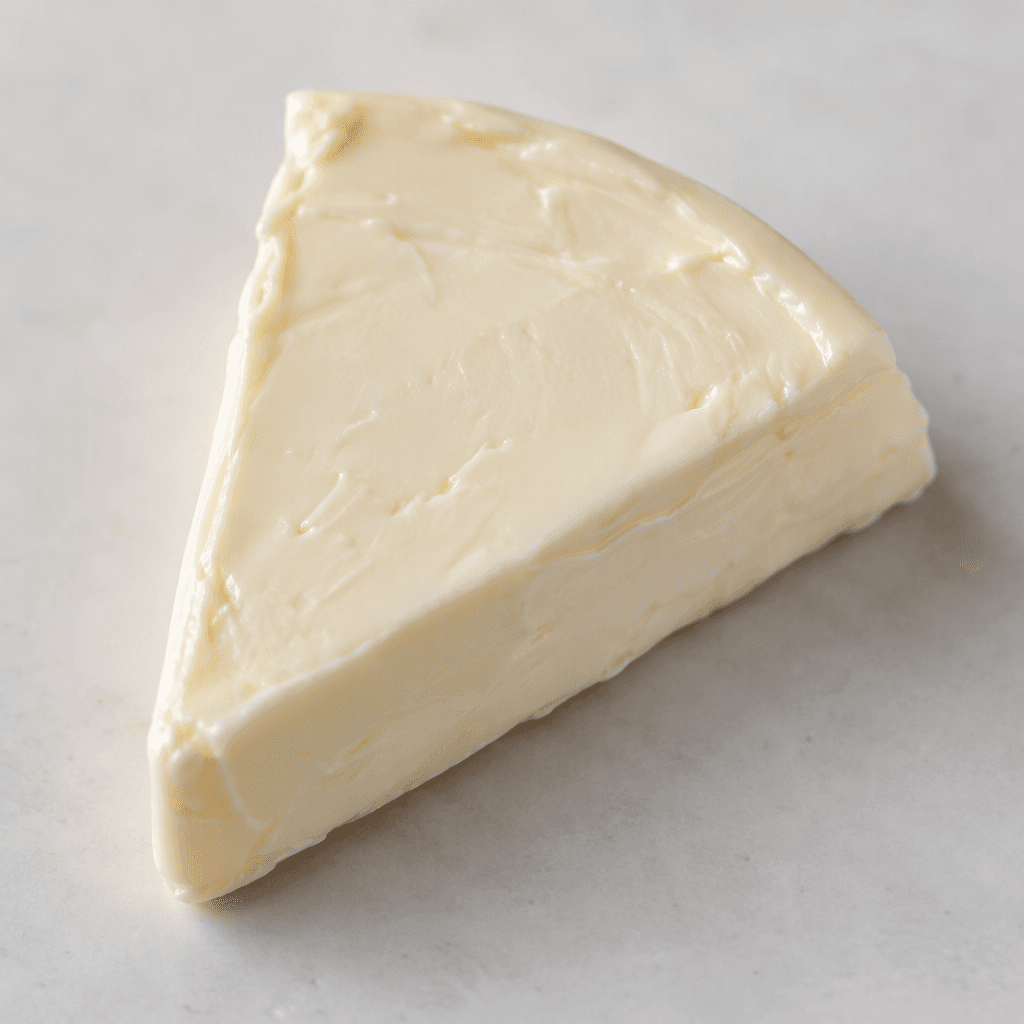 A small, smooth wedge of pale ivory, spreadable cheese, triangular with a gently curved outer edge and softly rounded corners.