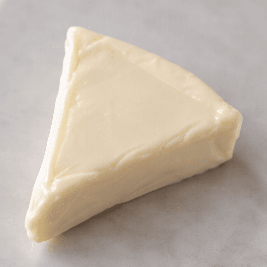 A small triangular portion of pale ivory cheese with rounded edges and a smooth, softly glossy surface.