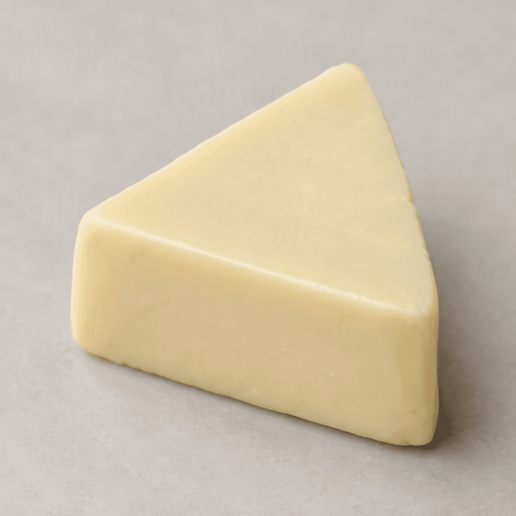 A small triangular wedge of processed cheese with a smooth, dense, pale ivory-yellow surface and softly rounded edges.