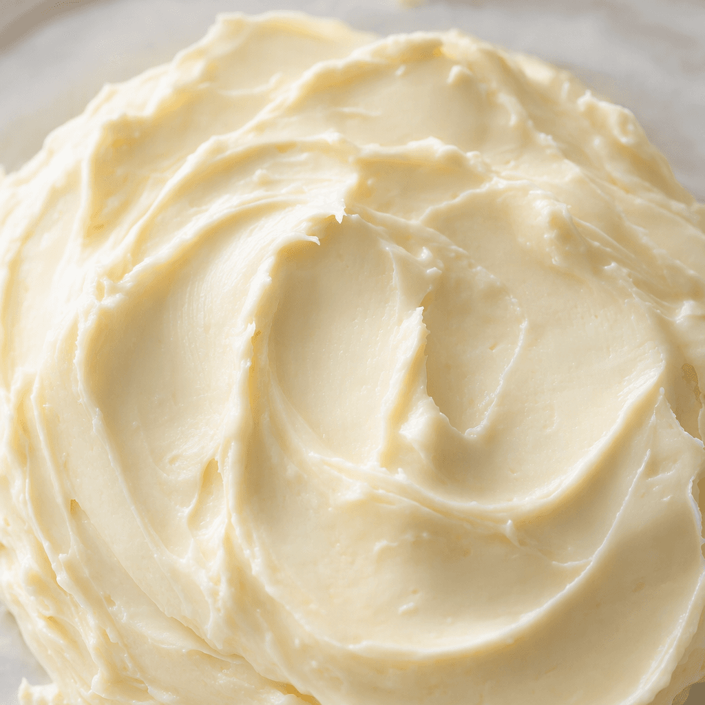 A smooth, pale ivory cheese spread sits in a soft mound with gentle spatula ridges.