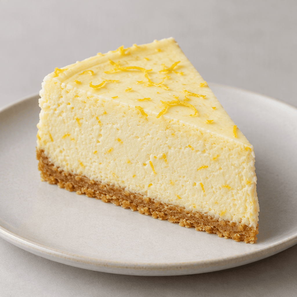 A triangular slice of cheesecake with a smooth, pale yellow cream-cheese filling flecked with fine lemon zest sits on a thin golden crumb crust on a plate.