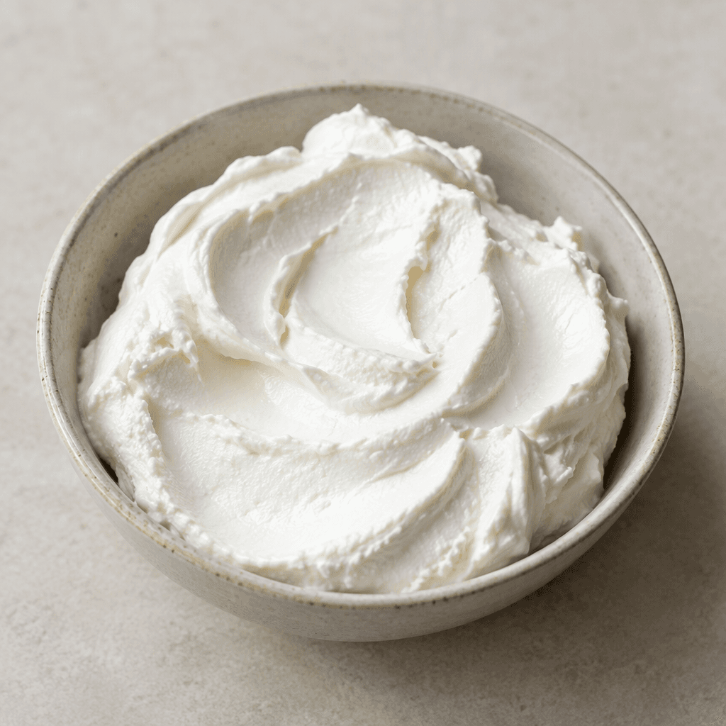 A small portion of thick, smooth white labneh with a soft, creamy surface and gentle spoon marks.