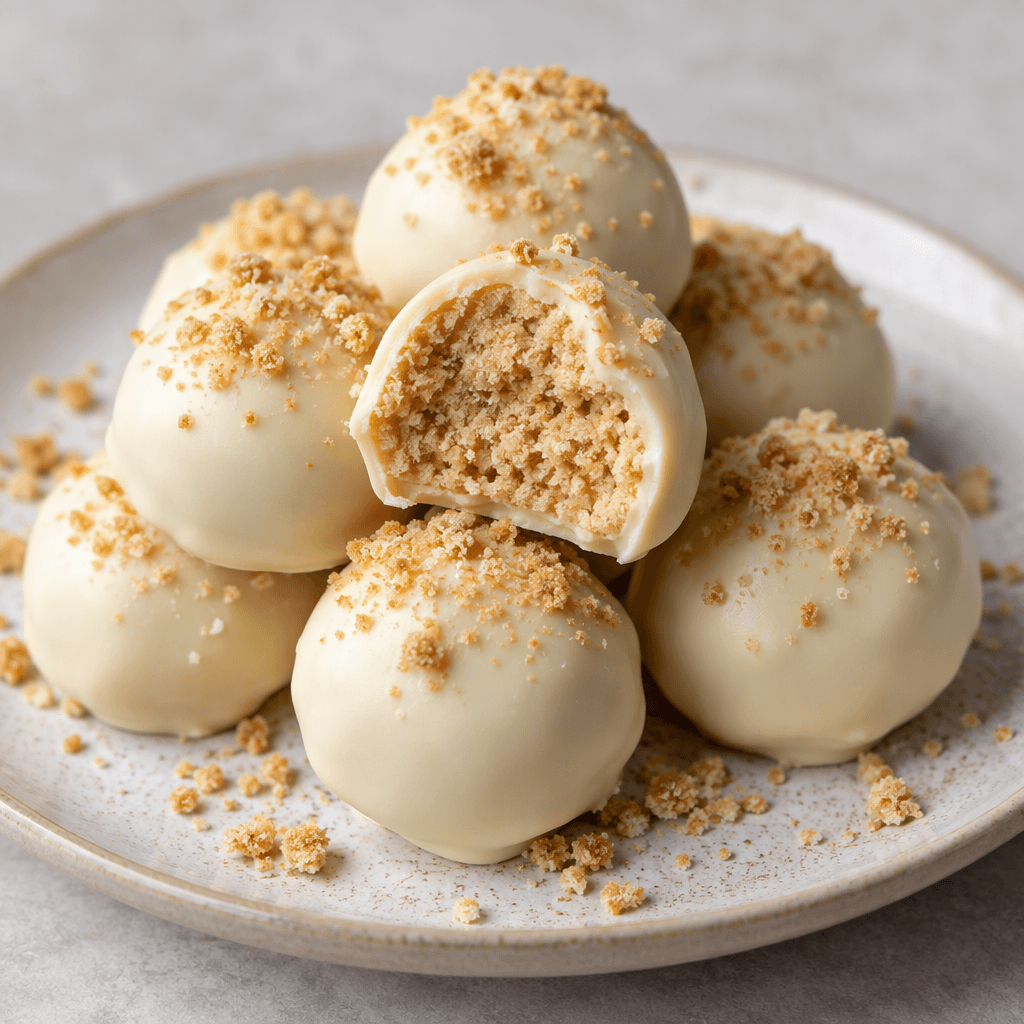 Small round sweets with a smooth ivory-white chocolate coating, arranged on a plate, with a few biscuit crumbs scattered nearby.