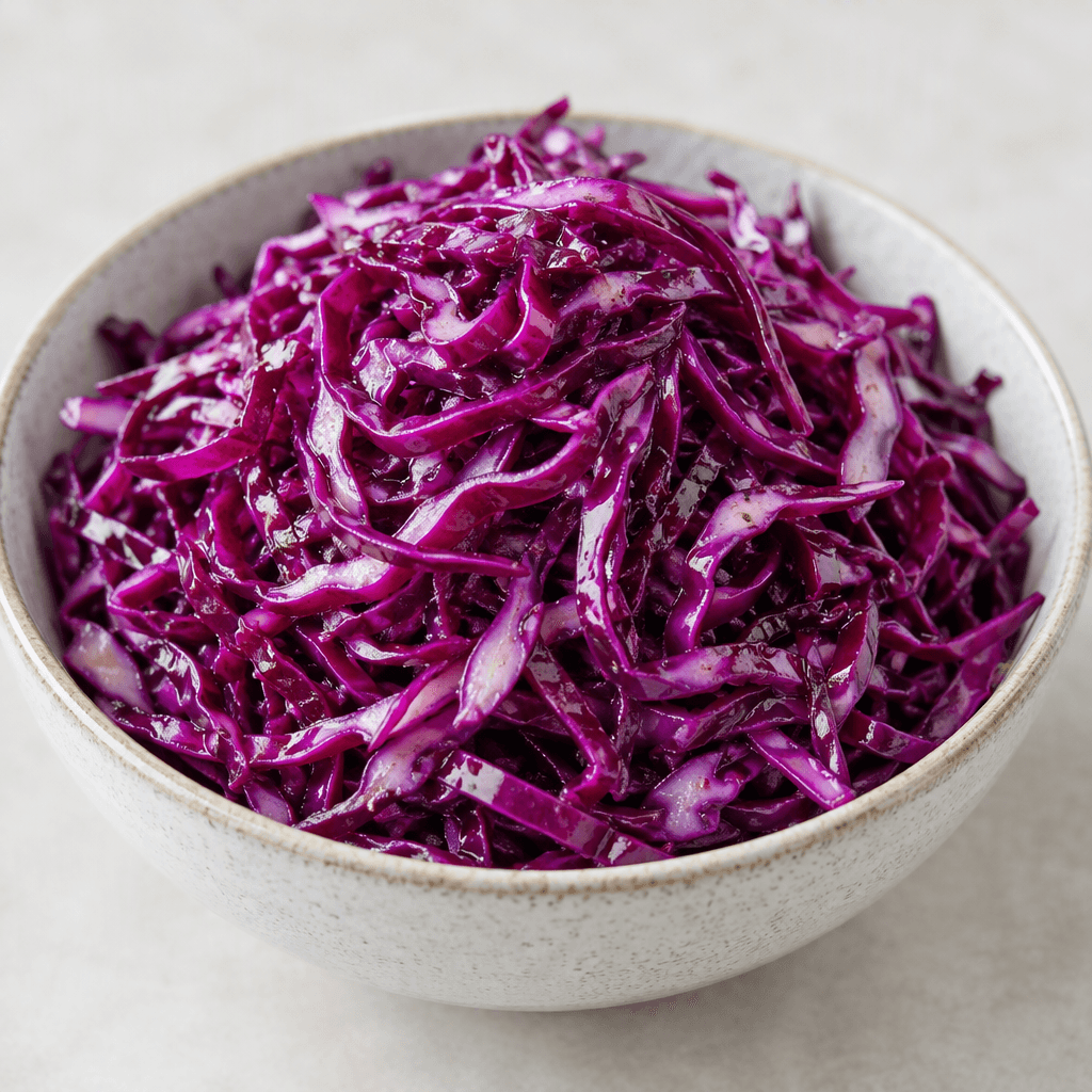 Thinly shredded deep-purple red cabbage is piled in a bowl, with curled strands and a light glossy dressing.
