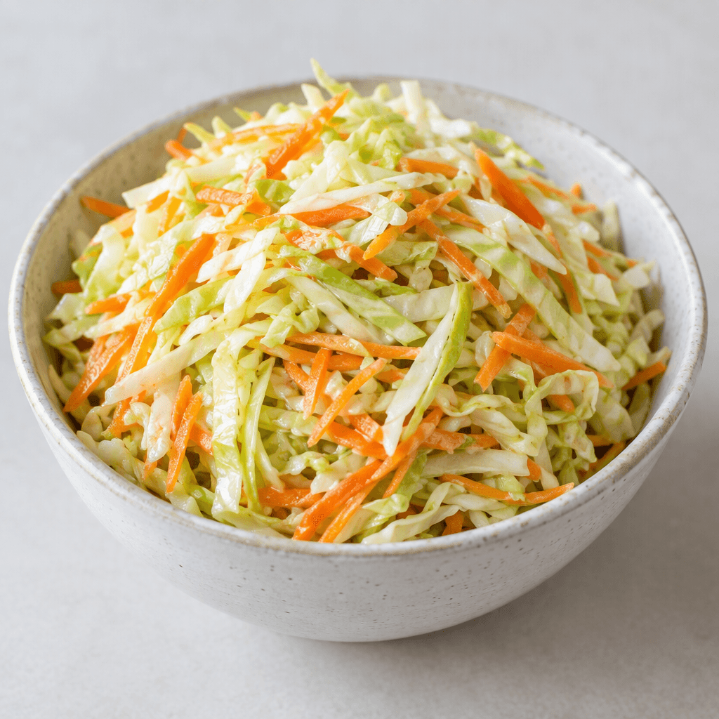 A mound of finely shredded pale green and white cabbage mixed with thin orange carrot strips, lightly glossy and served in a bowl.