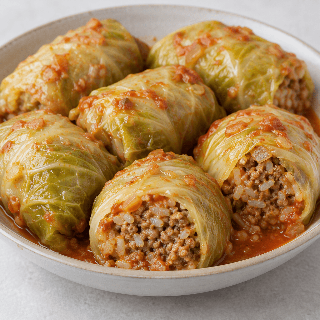 Several compact, oval cabbage rolls with pale green, slightly wrinkled leaves are arranged closely in a shallow serving dish, their cut ends revealing a moist filling of rice and finely minced meat beneath a light reddish sauce.