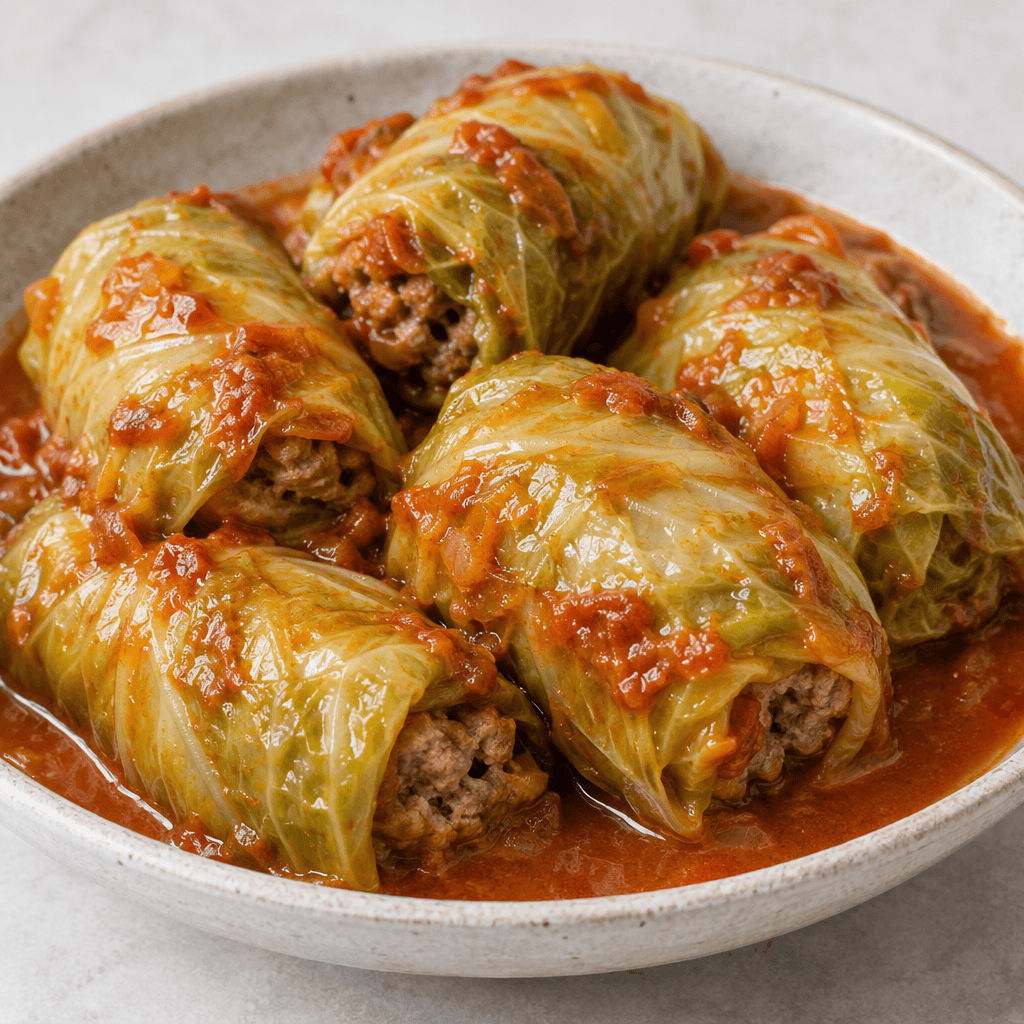 Several compact rolls of pale green cabbage leaves, visibly stuffed with browned minced meat, are arranged closely in a shallow dish with a glossy reddish sauce coating and pooling around them.