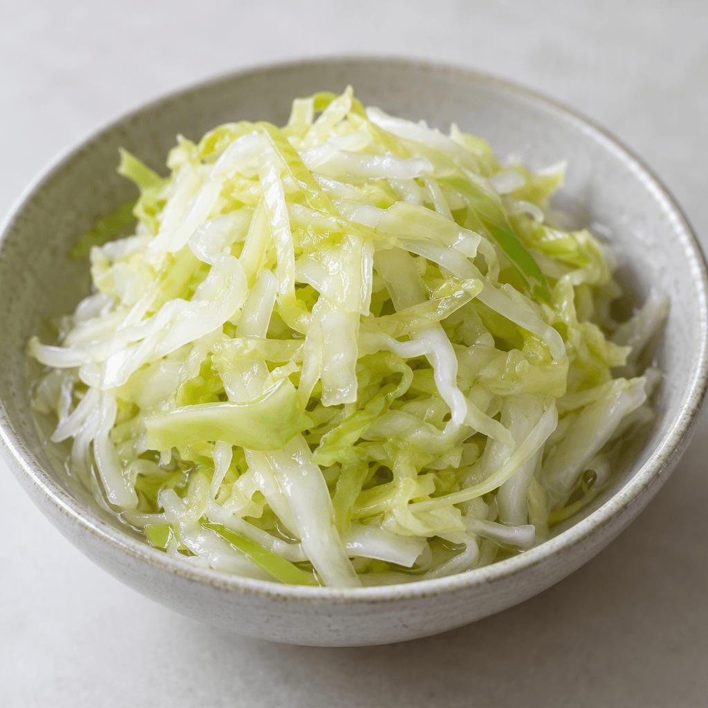 Thinly shredded pale green and white cabbage with a translucent, glossy texture, loosely piled in a small dish with a little clear brine visible between the strands.