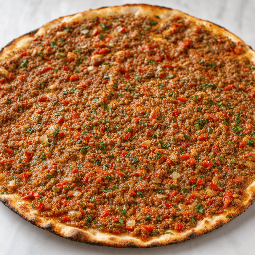 A thin, round flatbread with a lightly browned, uneven edge is covered almost to the rim with a finely minced reddish-brown topping speckled with green herbs and small pieces of tomato and pepper.