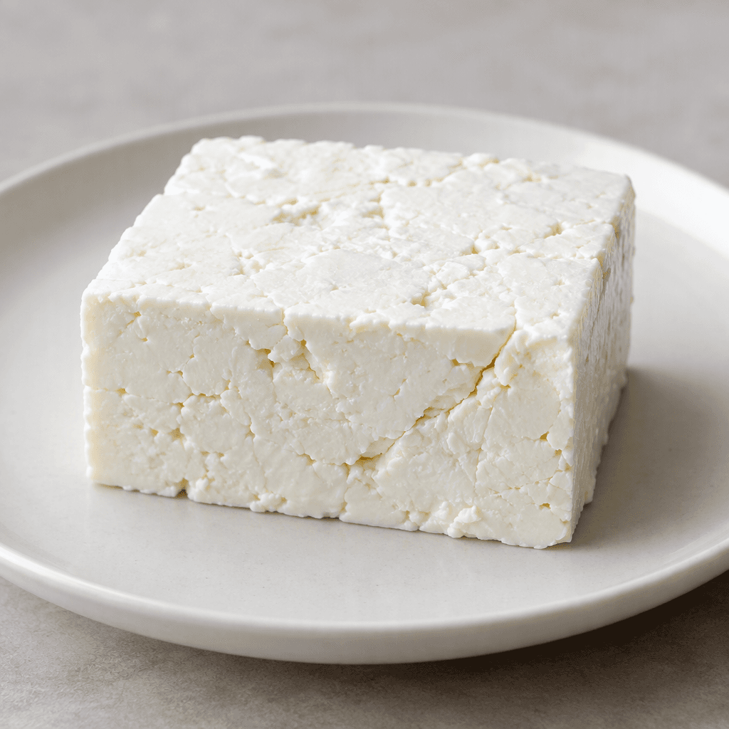 White, moist cheese in a compact rectangular block, with a smooth yet slightly crumbly surface and cleanly cut edges, served on a plain plate.