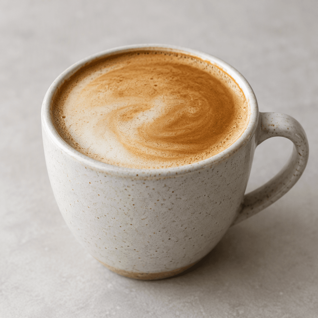 A latte in a cup, with pale steamed milk blending into espresso to form a warm light-brown drink topped with a thin layer of foam and a darker coffee-colored surface.