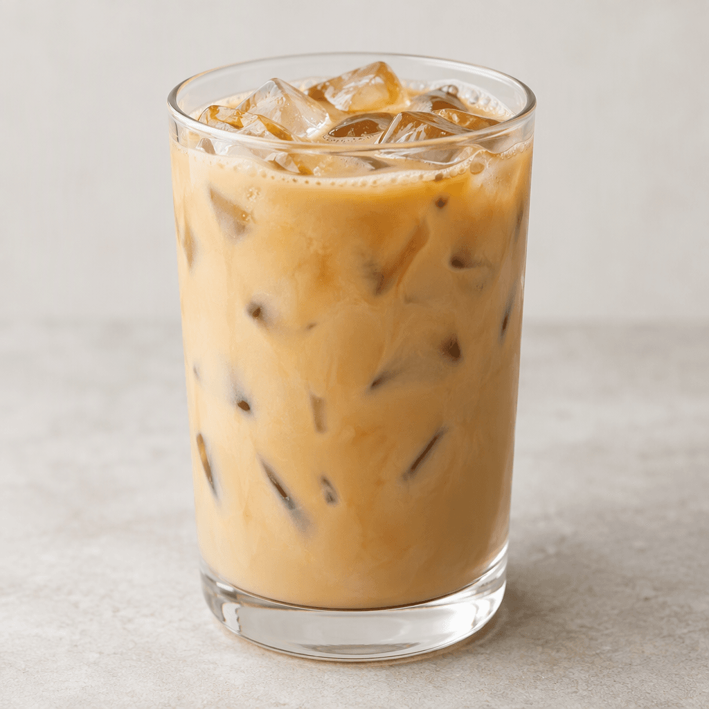 A pale creamy-brown iced coffee with visible ice cubes, served in a clear glass.