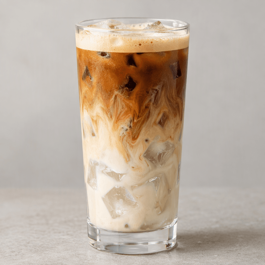 A tall transparent glass holds large clear ice cubes beneath a pale beige coffee drink, with a darker espresso layer blending into the creamy milk and a thin light foam cap at the top.