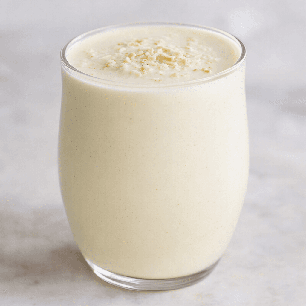An opaque, pale ivory-white, smooth, slightly thick drink served in a clear glass.