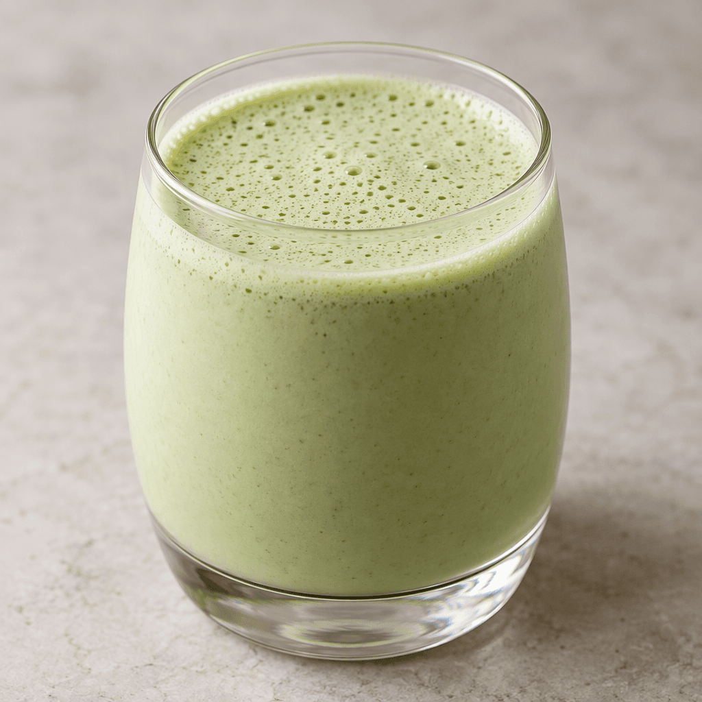 A pale matcha-green, opaque kefir drink with a smooth, lightly foamy surface, served in a clear glass.