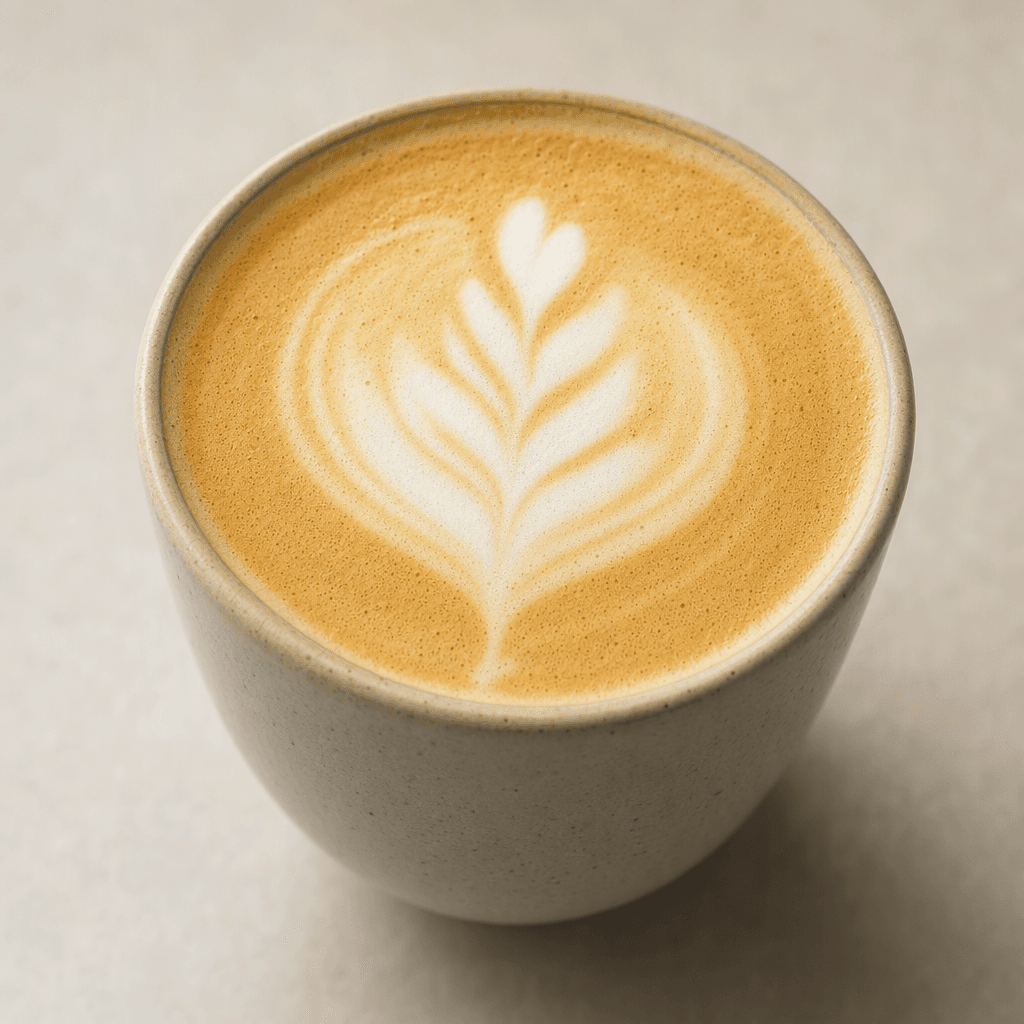 A medium-sized latte in a cup, with creamy light-brown coffee beneath a thin layer of pale foam.