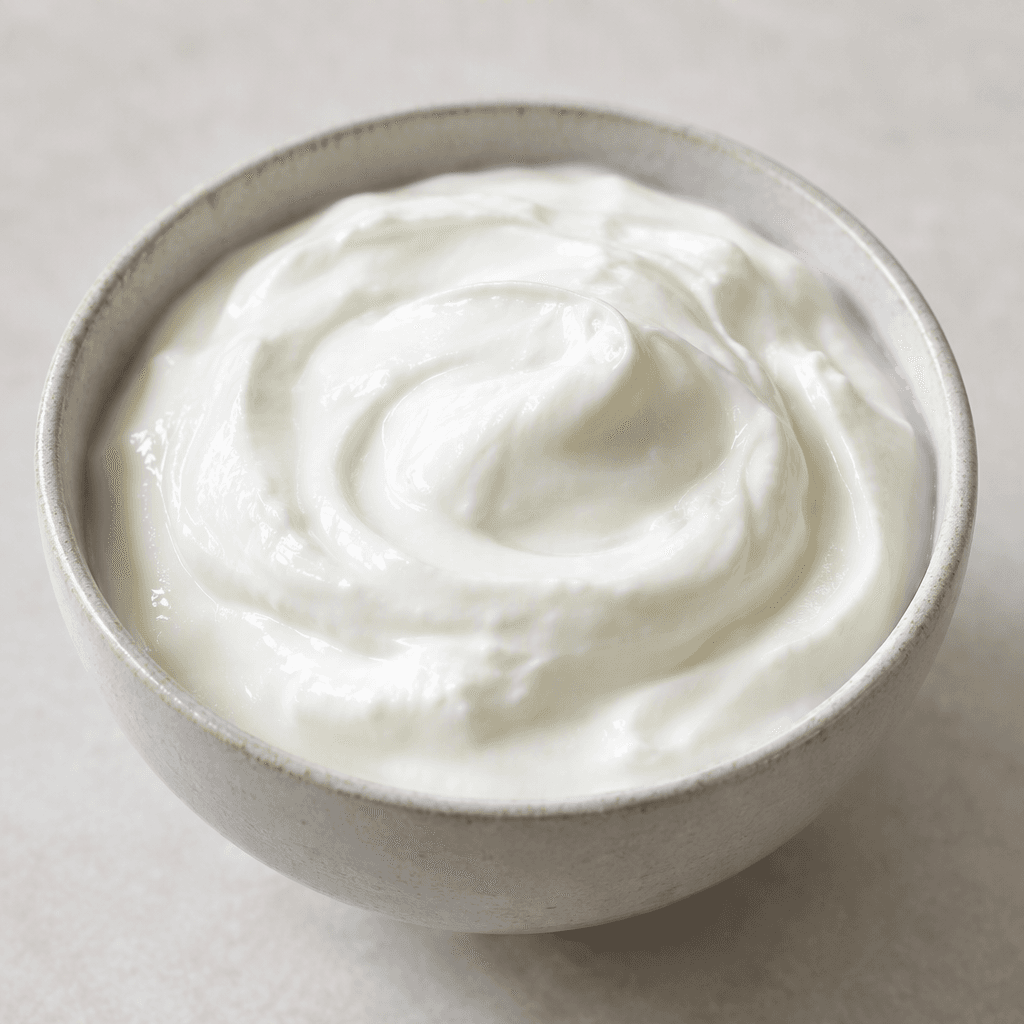 Thick, smooth, glossy white yogurt with a softly set, spoonable texture, served plain in a small bowl.