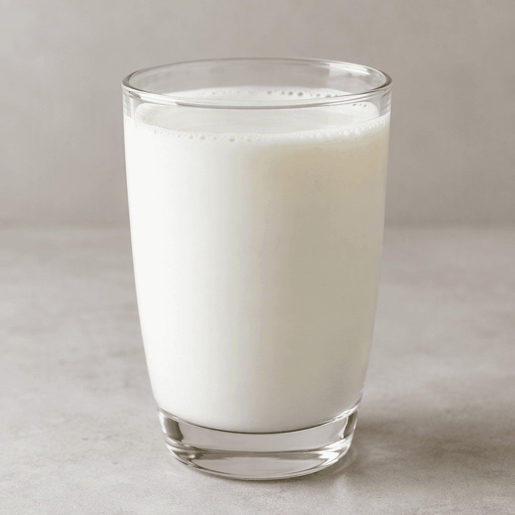 An opaque, milky-white kefir with a smooth, slightly thick pourable texture, served in a clear glass with a level surface and a few tiny bubbles visible along the top.