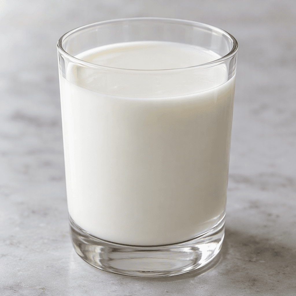 A smooth, opaque white liquid sits in a clear glass, with a faint creamy sheen on its level surface.