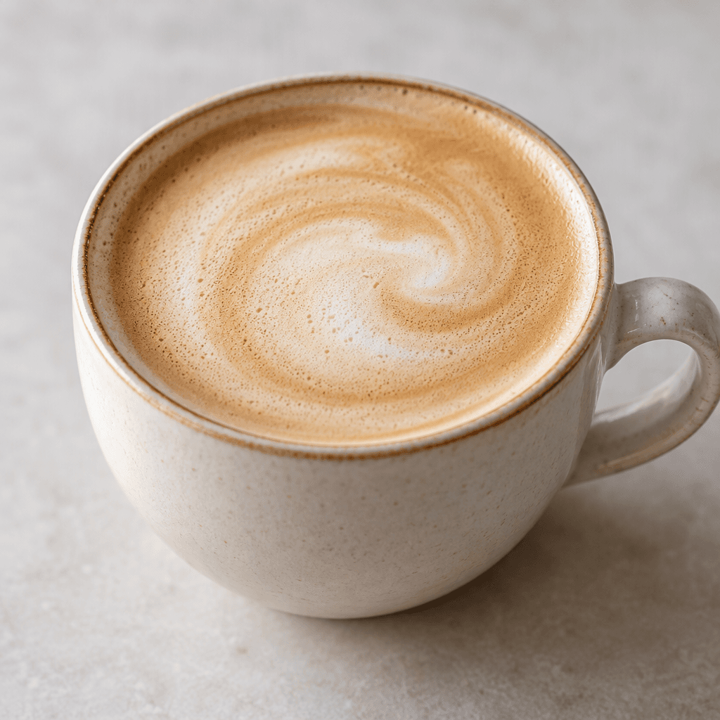 A pale caramel-brown latte with a smooth, creamy surface and a thin layer of light foam, served in a cup.