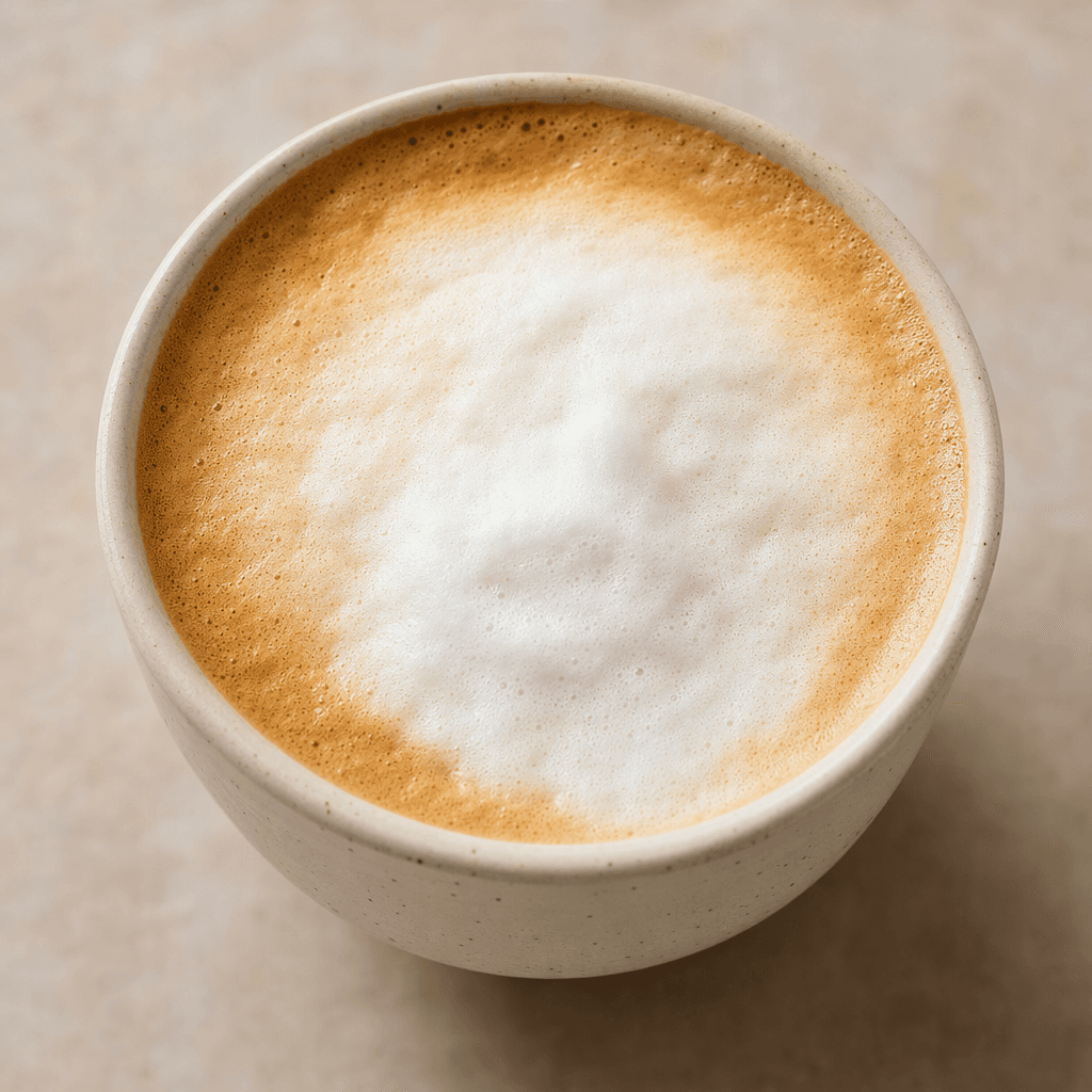 A cappuccino in a cup, with dark brown coffee beneath a layer of pale, airy milk foam and a soft tan surface.