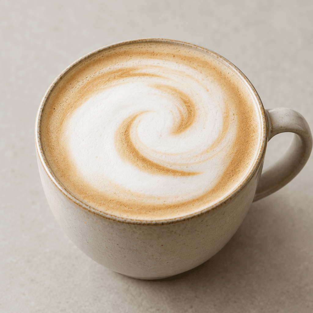 A pale caramel-beige latte fills a ceramic cup, topped with a smooth layer of fine white milk foam and a simple light-brown swirl on the surface.