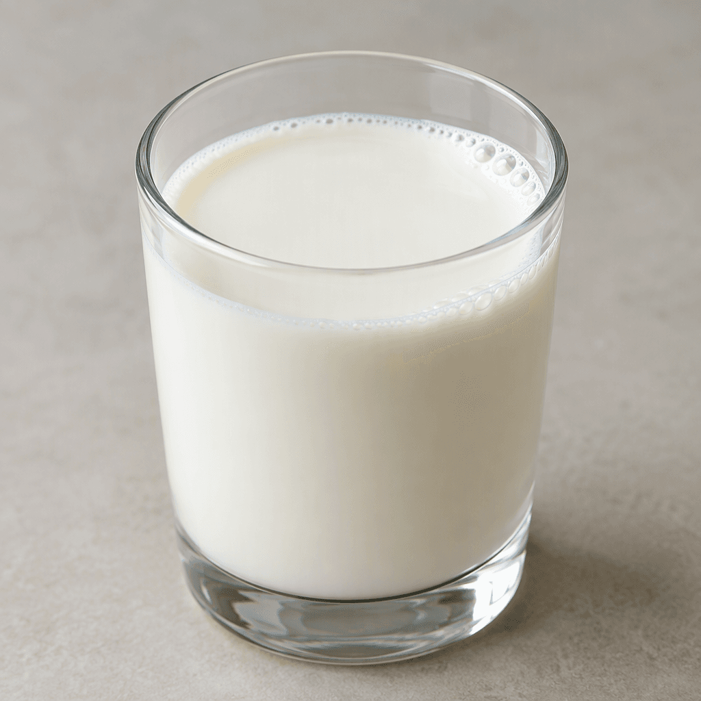 An opaque, smooth white liquid with a slightly creamy appearance, poured into a clear glass and forming a level surface with a few small bubbles along the edge.