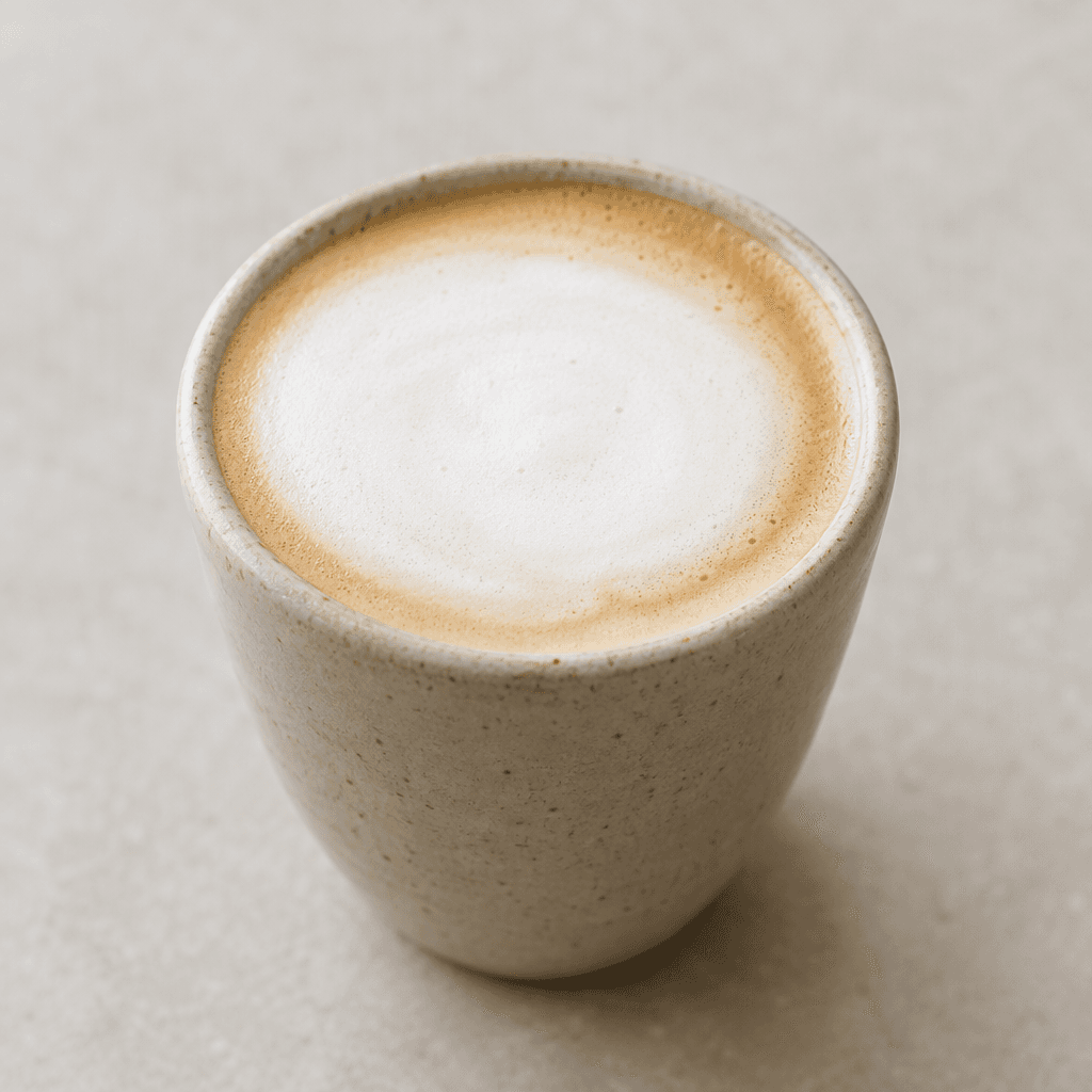 Küçük bir seramik fincanda, üzerinde ince ve kremsi beyaz süt köpüğü bulunan açık bej renkli bir latte vardır.