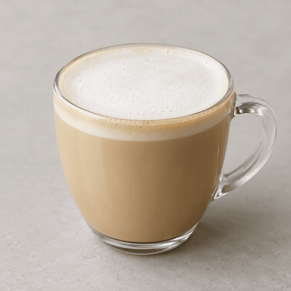 A pale beige, creamy coffee drink with a smooth surface and a thin layer of fine white foam, served in a cup or glass.
