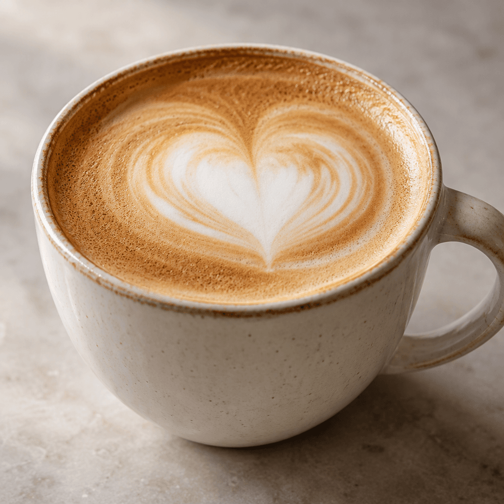 A latte in a cup, with pale creamy milk blending into warm brown coffee beneath a thin layer of smooth foam.