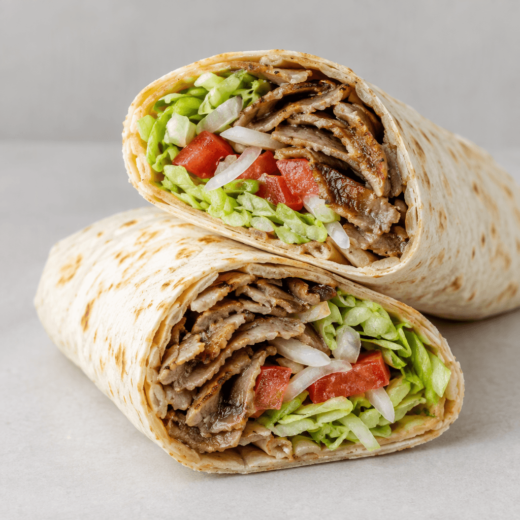A long, tightly rolled sheet of thin, pale beige lavash holds visible layers of browned, thinly sliced doner meat, shredded lettuce, red tomato pieces and pale onion, with the wrap cut diagonally to reveal the compact filling.