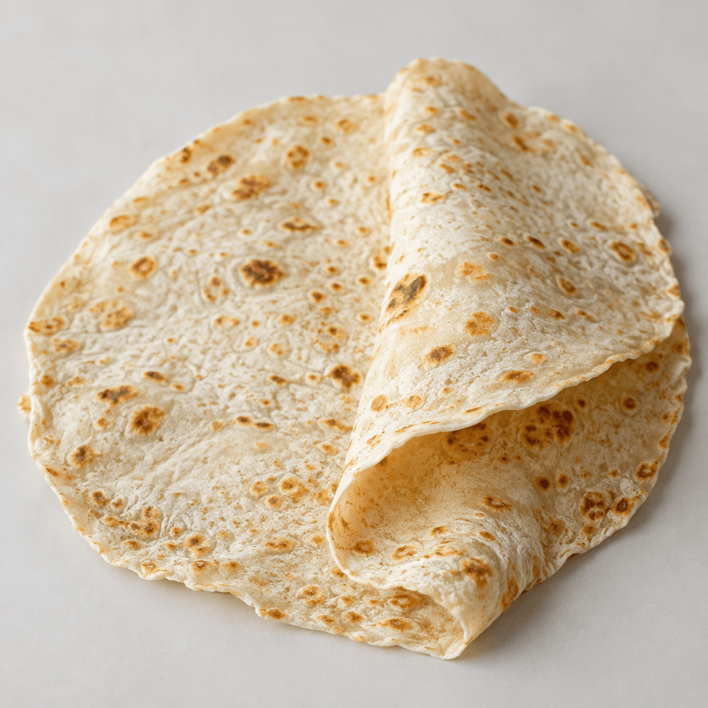A large, very thin, flexible flatbread with a pale beige surface, scattered toasted brown spots, slightly uneven edges, and a soft, folded or rolled form.