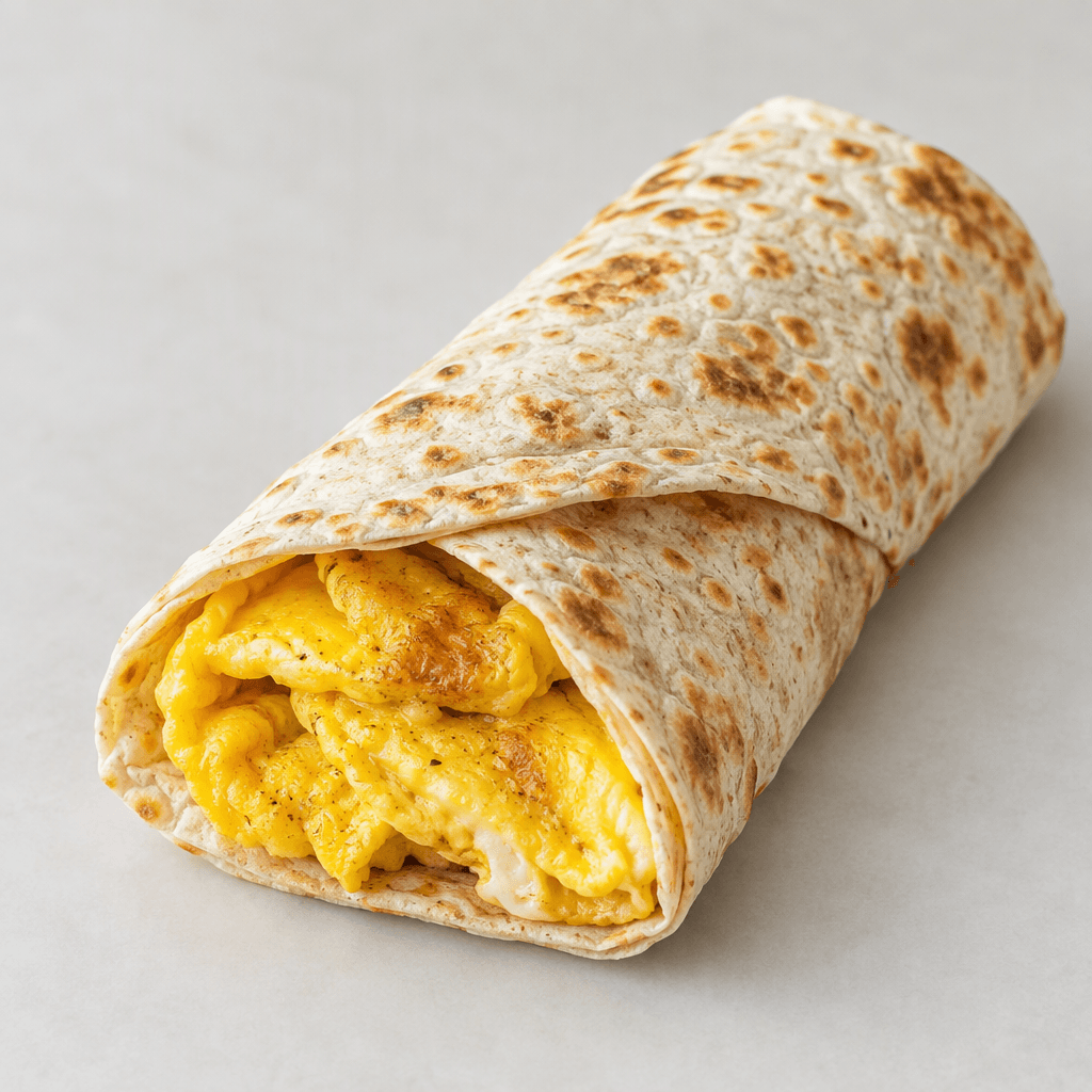 A thin, lightly browned lavash flatbread is filled with soft, golden-yellow omelet and folded into a neat wrap, with the egg visible along the open edge.