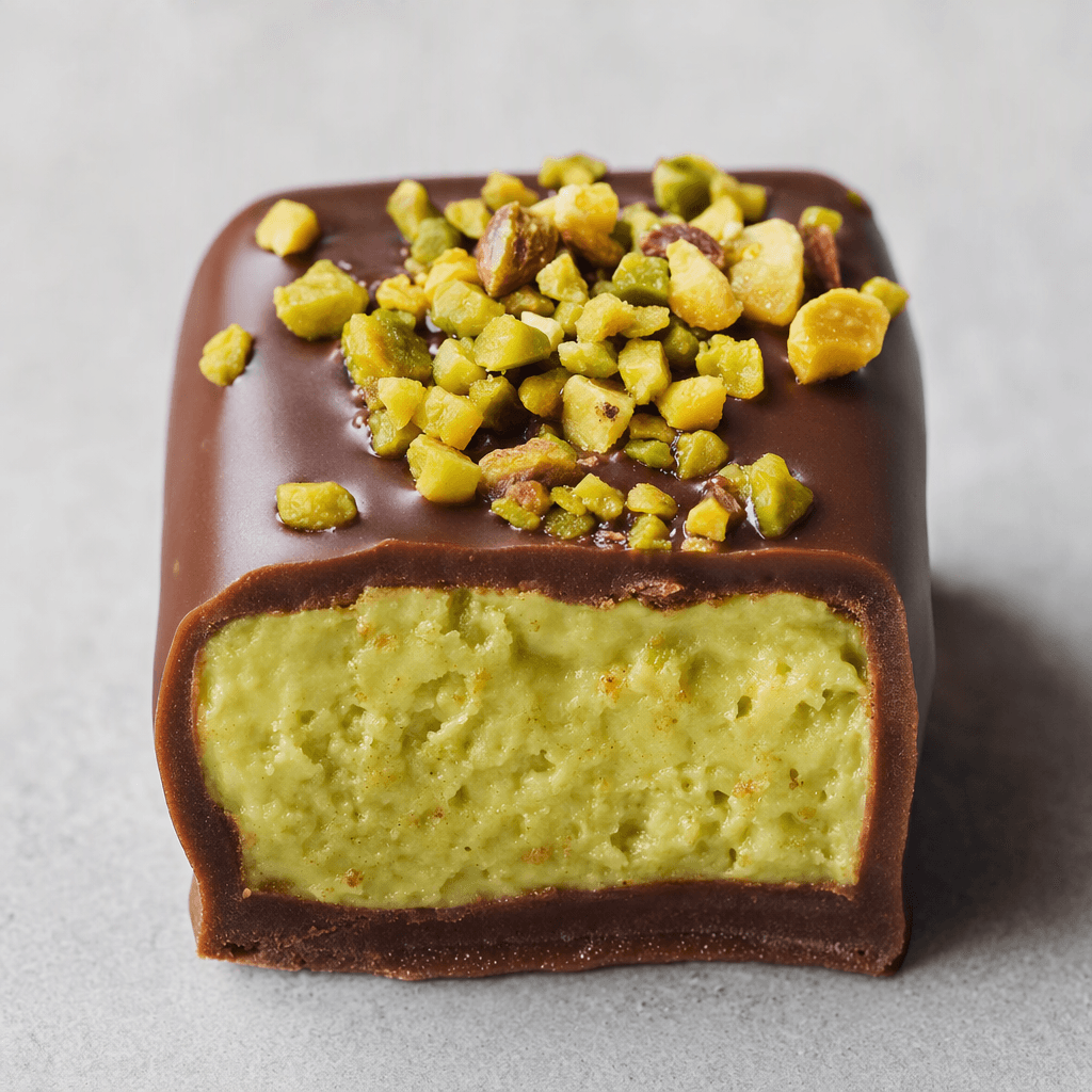 A small, glossy chocolate confection with a pale green pistachio filling and finely chopped pistachios visible on top.