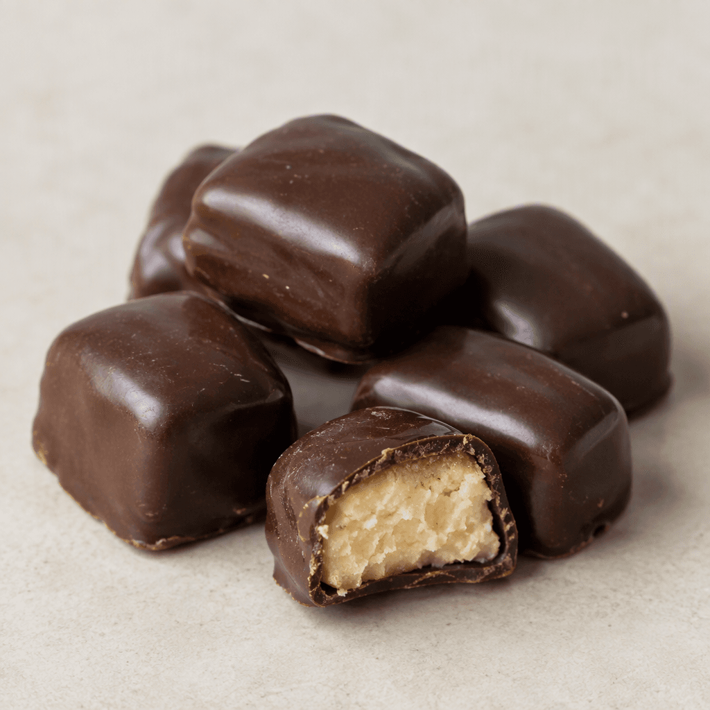 Small, dark-brown chocolate pieces with smooth, slightly glossy surfaces are arranged together, with one cut open to show a lighter-colored filling inside.