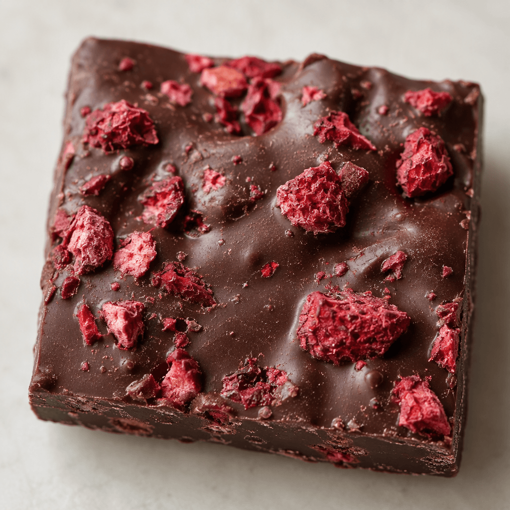 A dark brown chocolate piece with a slightly uneven surface and small red raspberry pieces scattered across it.