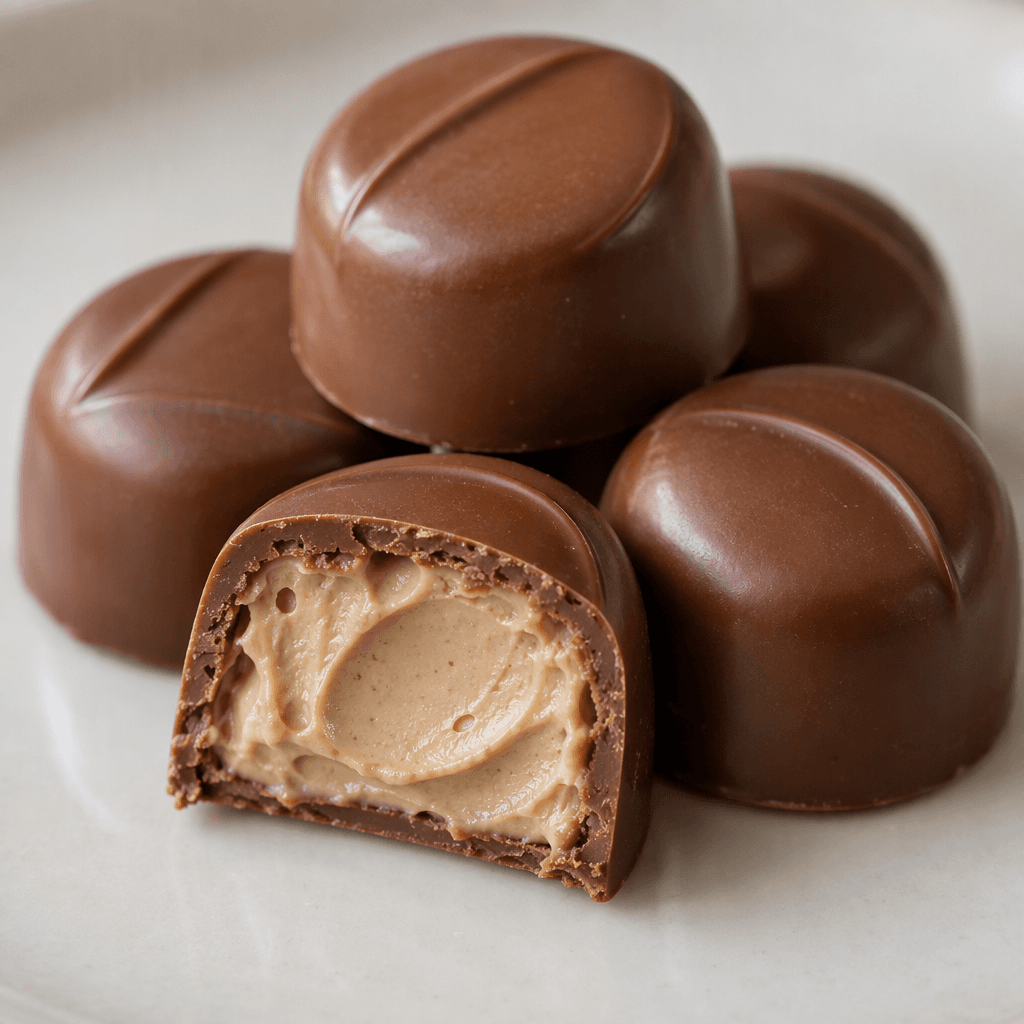 Small, smooth brown chocolate pieces are arranged together, with one cut open to reveal a light coffee-colored creamy filling.