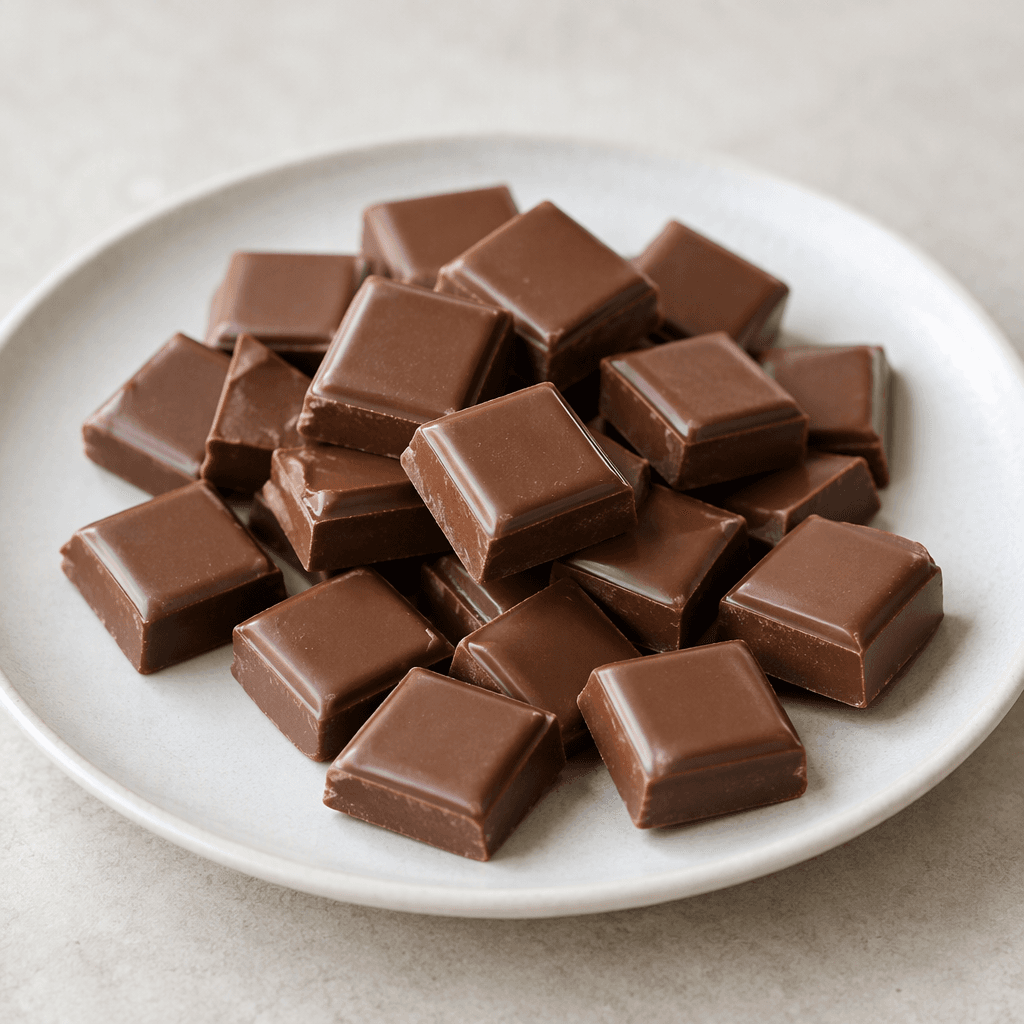 Small, bite-sized pieces of smooth brown chocolate are arranged on a plate, with clean edges and a slight sheen.