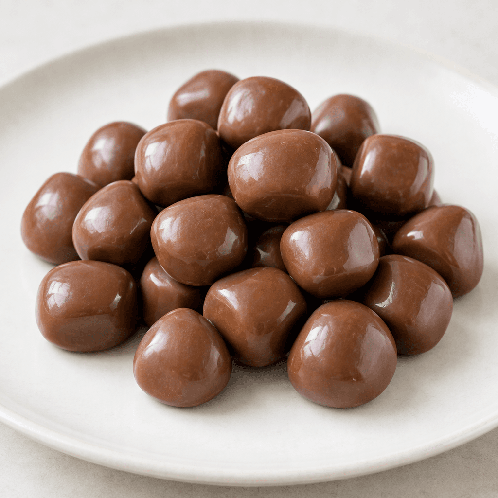 Small, smooth, glossy brown chocolate candies in rounded bite-sized pieces, arranged together on a plain plate.